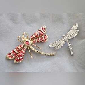 Gold & Silver Dragonfly Pin Set with Red Enamel and Crystals